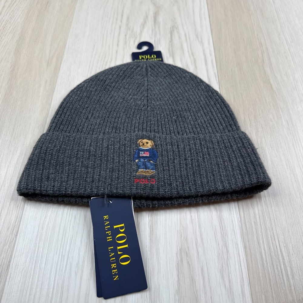 NWT Polo Ralph Lauren Mens Gray Barclay Bear Flag Ribbed Knit Beanie Hat OS